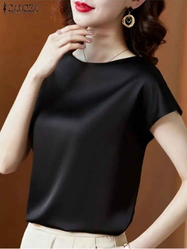 Summer Fashion Blouse Elegant Short Sleeve Satin Shirt Women Stylish OL Work Shirt Female Party Blusas Tunic Chemise