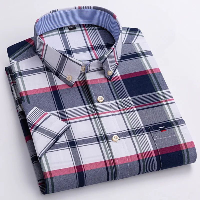 100% Cotton Men Oxford Shirt Short Sleeve Summer Plaid Striped Male Clothes Business Regular Fit Dress Shirt Oversized