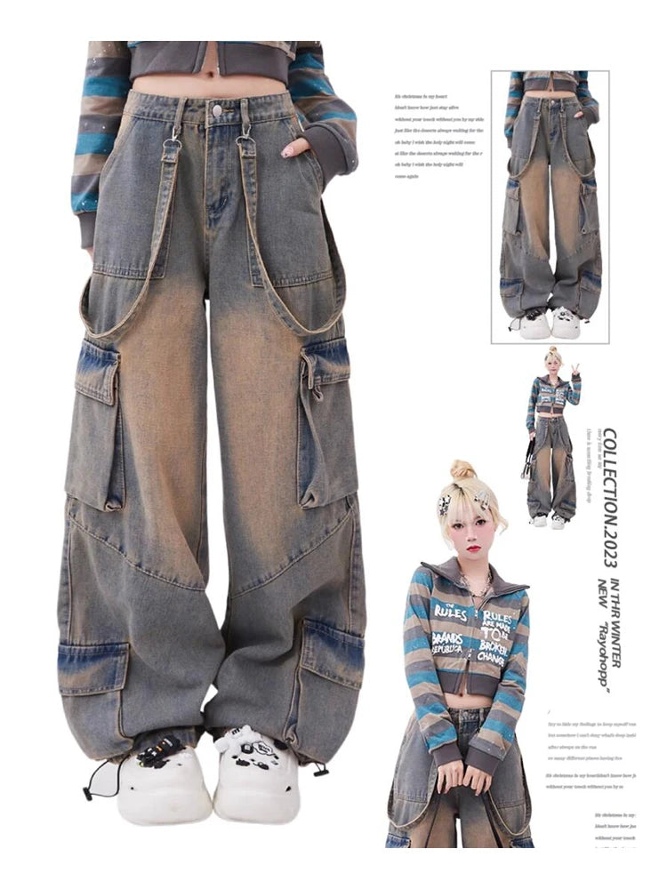 Women Blue Oversize Cargo Jeans Harajuku Vintage Baggy Y2k Denim Trouser 90s Aesthetic Wide Jean Pants 2000s Trashy Clothes