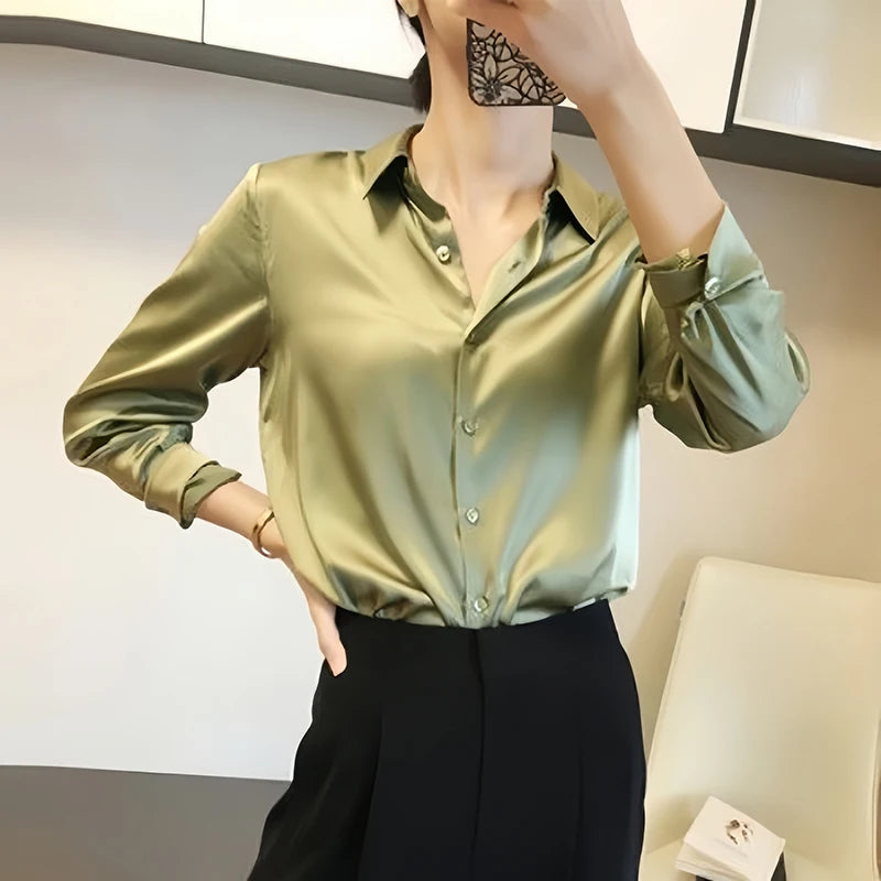 All-match Satin Finish Shirts And Blouses Women Clothing Casual Top OL Long Sleeve Button Elegant Shirts French Solid Blouses