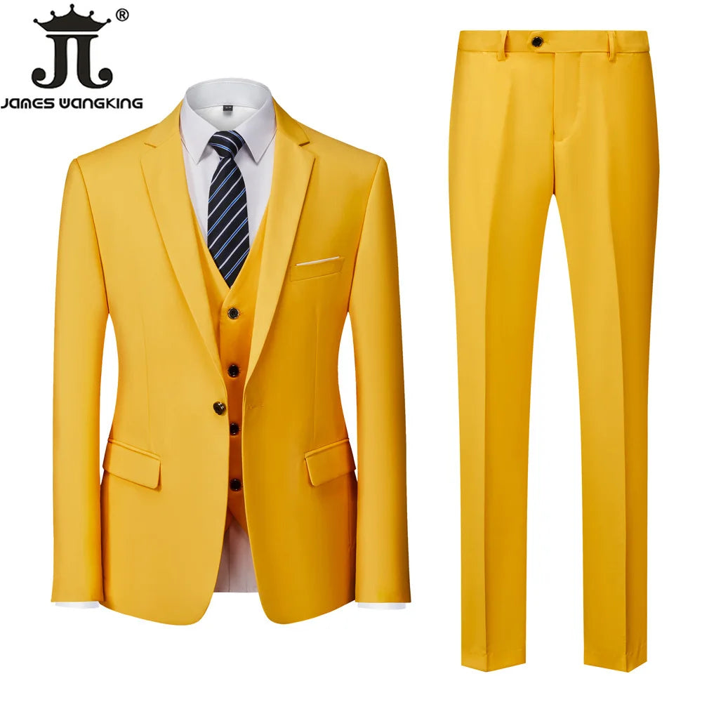 ( Jacket + Vest + Pants ) Boutique Solid Color Men's Official Business Suit Bride's Wedding Dress Party Male Suit