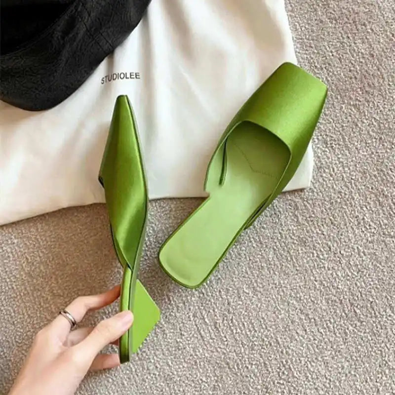 Luxury Satin Design Mules Shoes for Women Summer Sexy Square Head Strange Low Heel Slide Sandals Elegant Comfort Dress Slippers