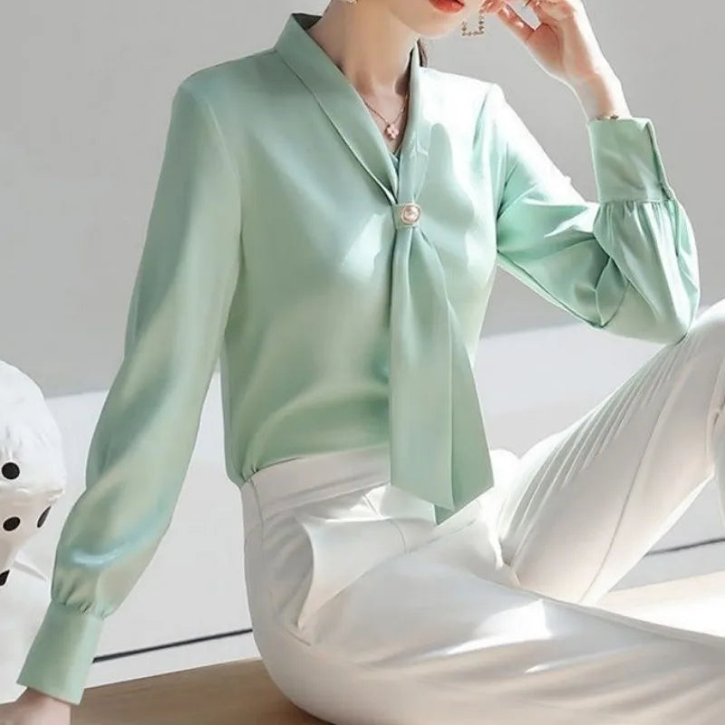 Women's Spring Autumn Style Blouses Shirts Lady Casual Long Sleeve Bow Tie Collar Blusas Tops