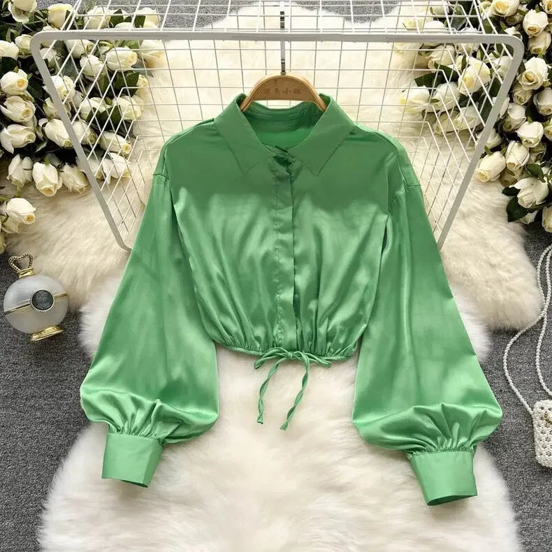 tops woman blouse polo shirts satin long sleeve women blouse female shirt harajuku sexy pleated tee