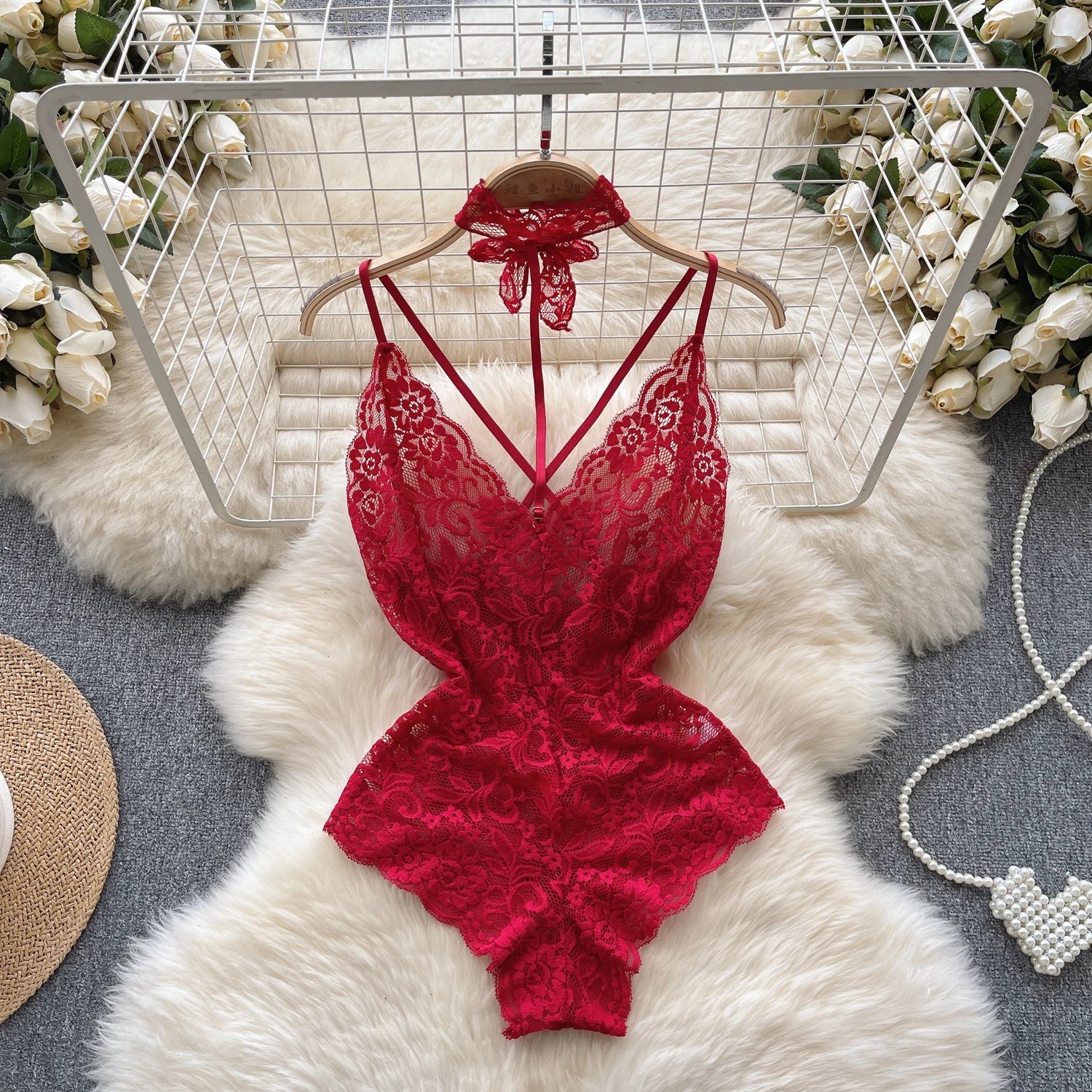 New In Women's Secret Clothes Christmas Red Top Sexy Patchwork Bodysuit Cosplay Erotic Lingerie Winter Strap Pajamas Nightwear