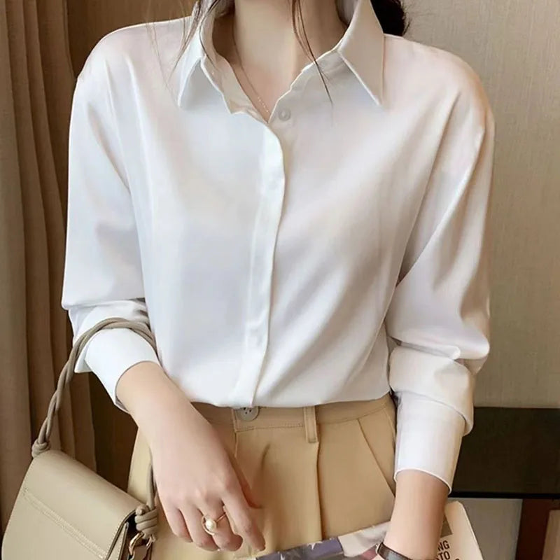 Office Lady Long Sleeve Shirt New Spring Autumn Casual Chiffon Shirts Women All-match Simple Black White Blouses