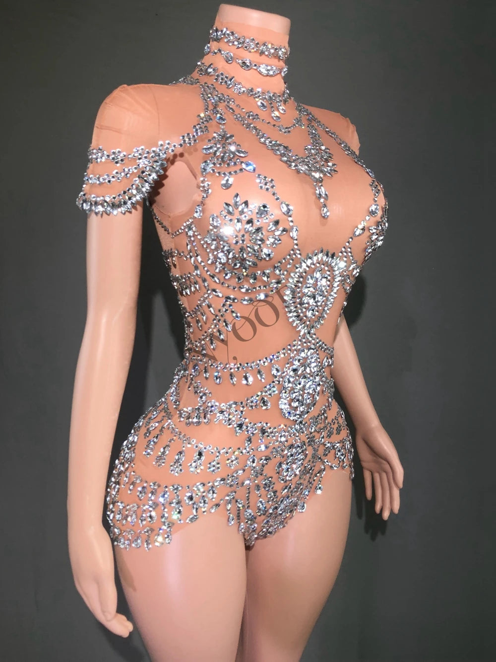 Sparkly Rhinestones Bodysuit for Women Sexy Mesh Transparent Performance Dance Costume Singer Dancer Show Stage Wear