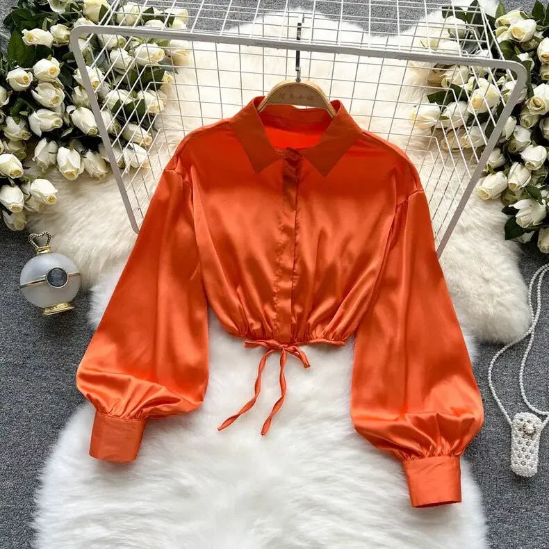 tops woman blouse polo shirts satin long sleeve women blouse female shirt harajuku sexy pleated tee