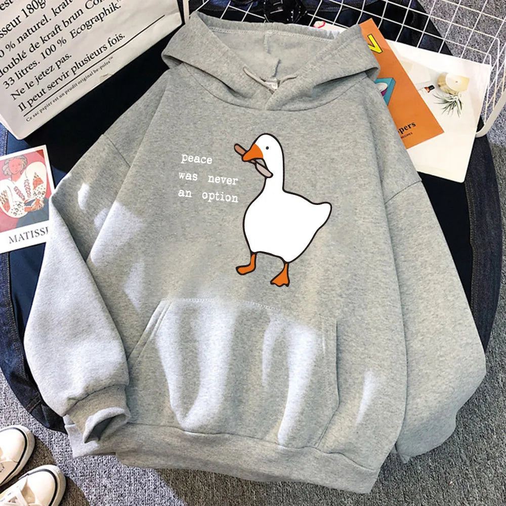 Peace Was Never An Option Goose Printing Mens Hoodies Cute Casual Pullover Creativity Pocket Warm Pullovers Fashion Male Hoody