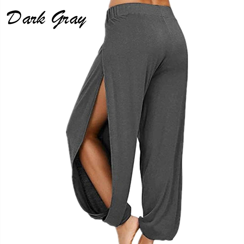 Women Fashion Yoga Pants High Waisted Slit Wide Leg Haren Pants Gym Leggings Casual Solid Hollow Workout Trousers Gym Home Wear