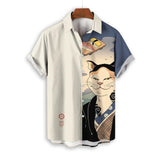 Fashion Men's Clothing Cool Samurai Cat Tops Summer New Men's Clothing Casual Short-Sleeved Anime Loose Blouse Hawaiian Shirts