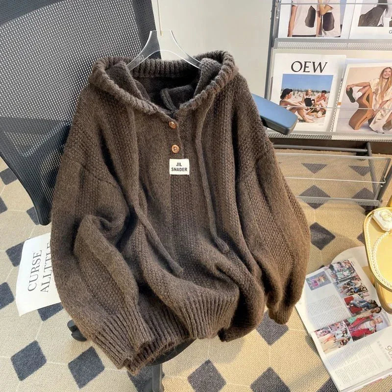 Korean Knitted Hooded Sweater Women Fall Winter Long Sleeved Warm Buttons Loose Pullover Solid Harajuku Lazy Sprots Sweatshirt