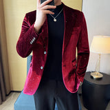 Autumn New Velvet Jacket Men's Blazer Business Fashion Hot Stamping Printed Suit Jacket High-quality Luxury Dress Suit