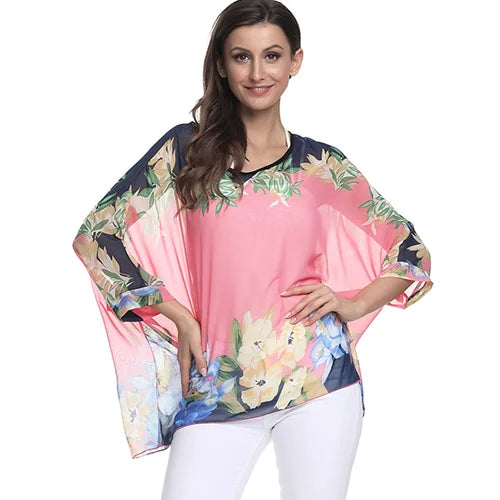 4XL 5XL 6XL Plus Size Blouse Shirt Women New Striped Print Summer Tops Tees Batwing Sleeve Casual Chiffon Blouses