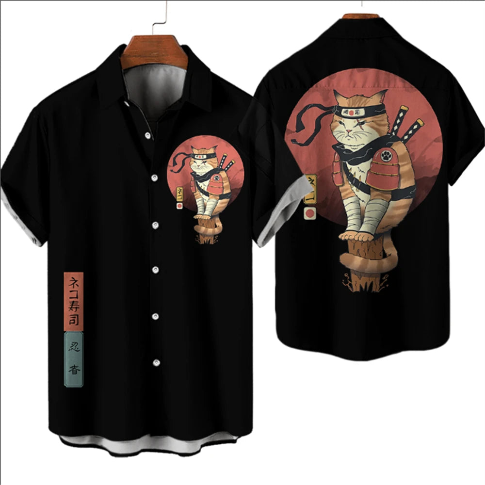 Fashion Men's Clothing Cool Samurai Cat Tops Summer New Men's Clothing Casual Short-Sleeved Anime Loose Blouse Hawaiian Shirts