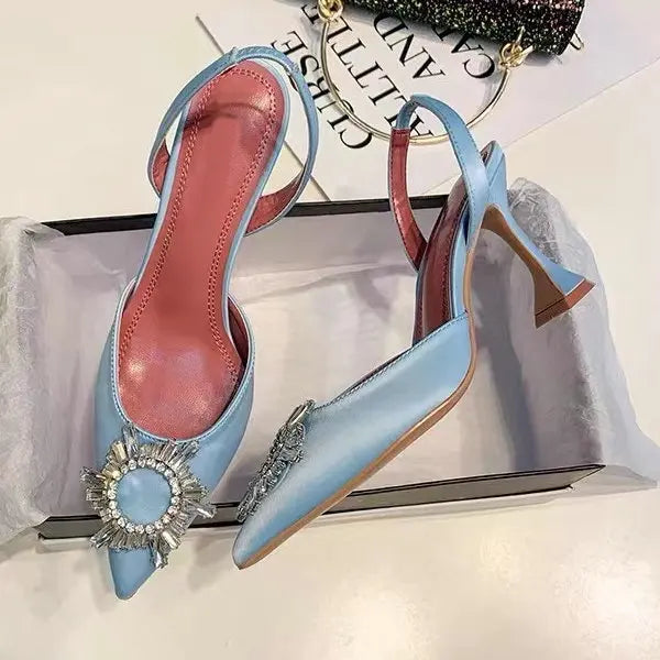 2024 Bow Rhinestone High Heels Sunflower Silk Pointed Party Sandals For Women Wedding Shoes