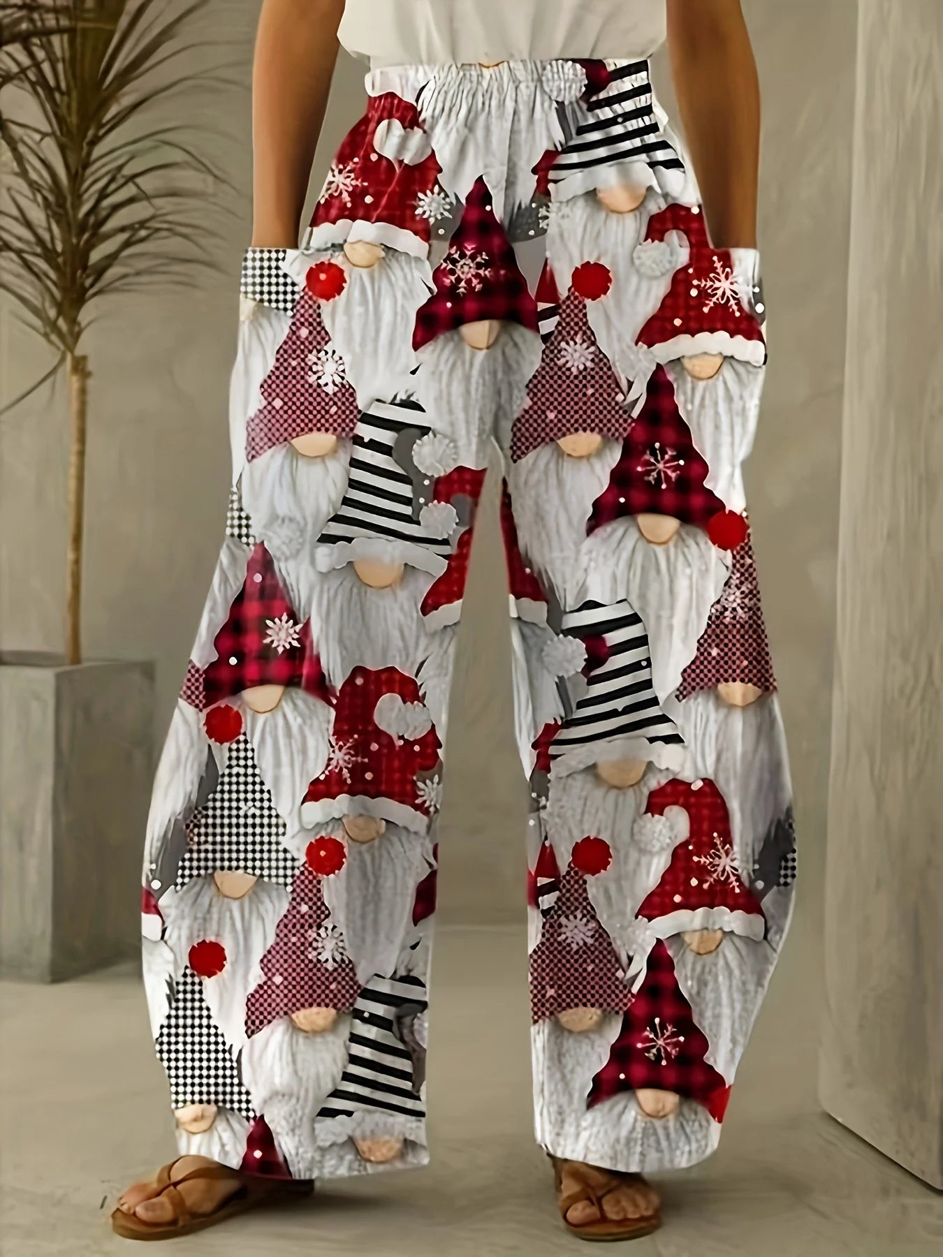 Ladies'Casual Pants Santa Claus Reindeer Print Elastic Waistband Pockets Casual Loose Pants Street Fashion Women's Clothing