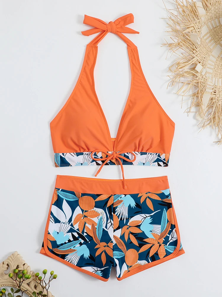 Halter Bikini Set Short Swimsuit Women High Waist Swimwear Female Printed Bathers Swimming Bathing Swim Suit Beachwear