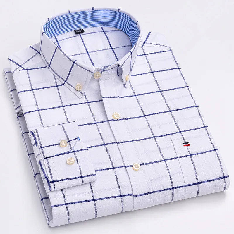 Men's 100% Cotton Shirt Long Sleeve Plaid Oxford Casual Solid Color Print Regular Fit Formal Dress Shirt