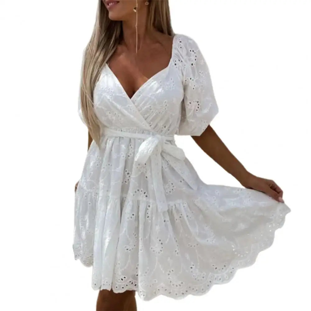 Women Dress Hollow Out Lace-up Summer Tassels Crochet Mini Dress Lace Tassels Mini Dress