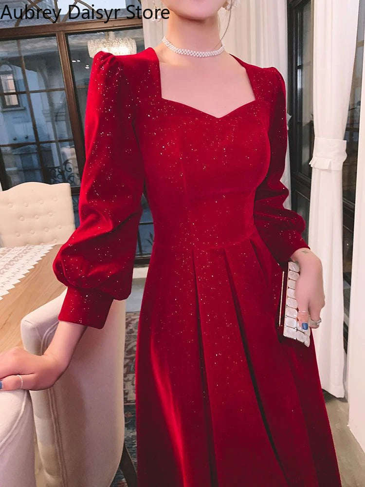 Elegant Red Sequins Midi Dress Women Vintage V-neck Formal Occasions Evening Party Dresses Fashion Chic Design New in Dresses