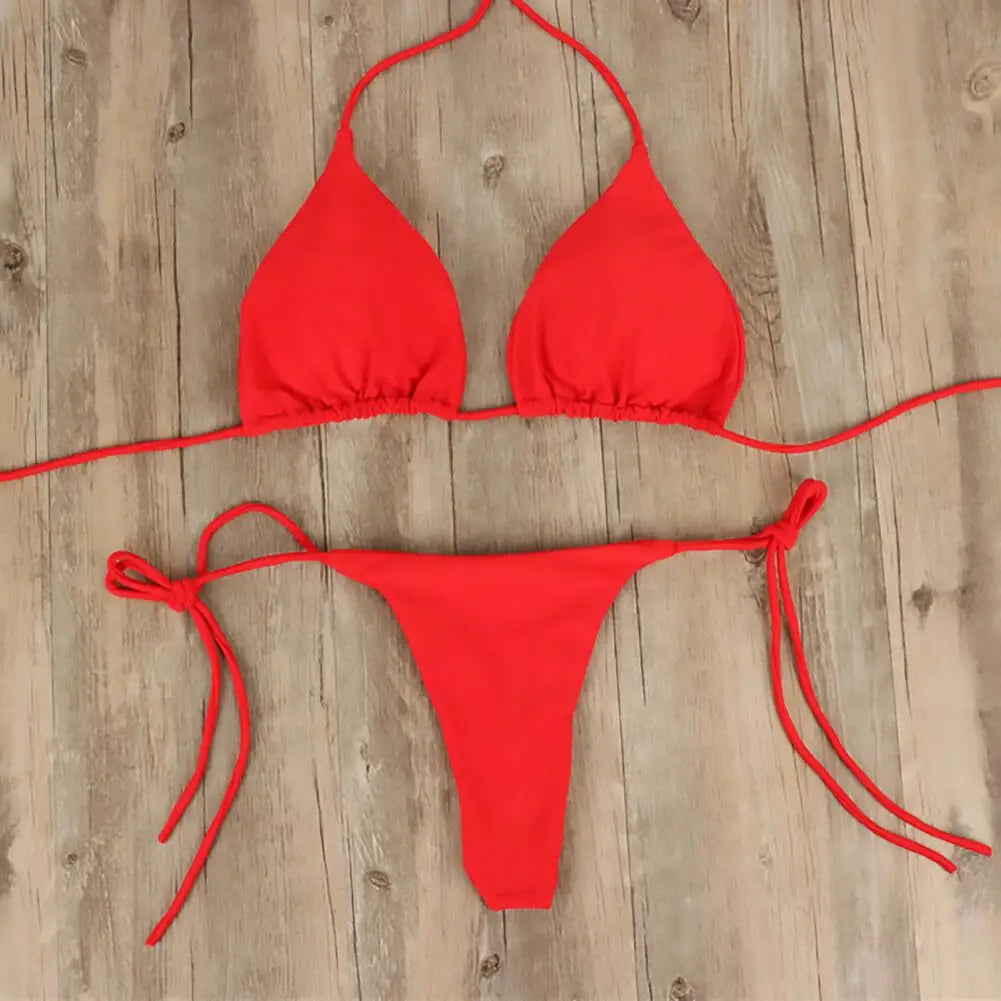 2 Pcs/Set Women Swimsuit Bikini Set Solid Color Halter Neck Strap Thong Women Swimsuit Set for Beach