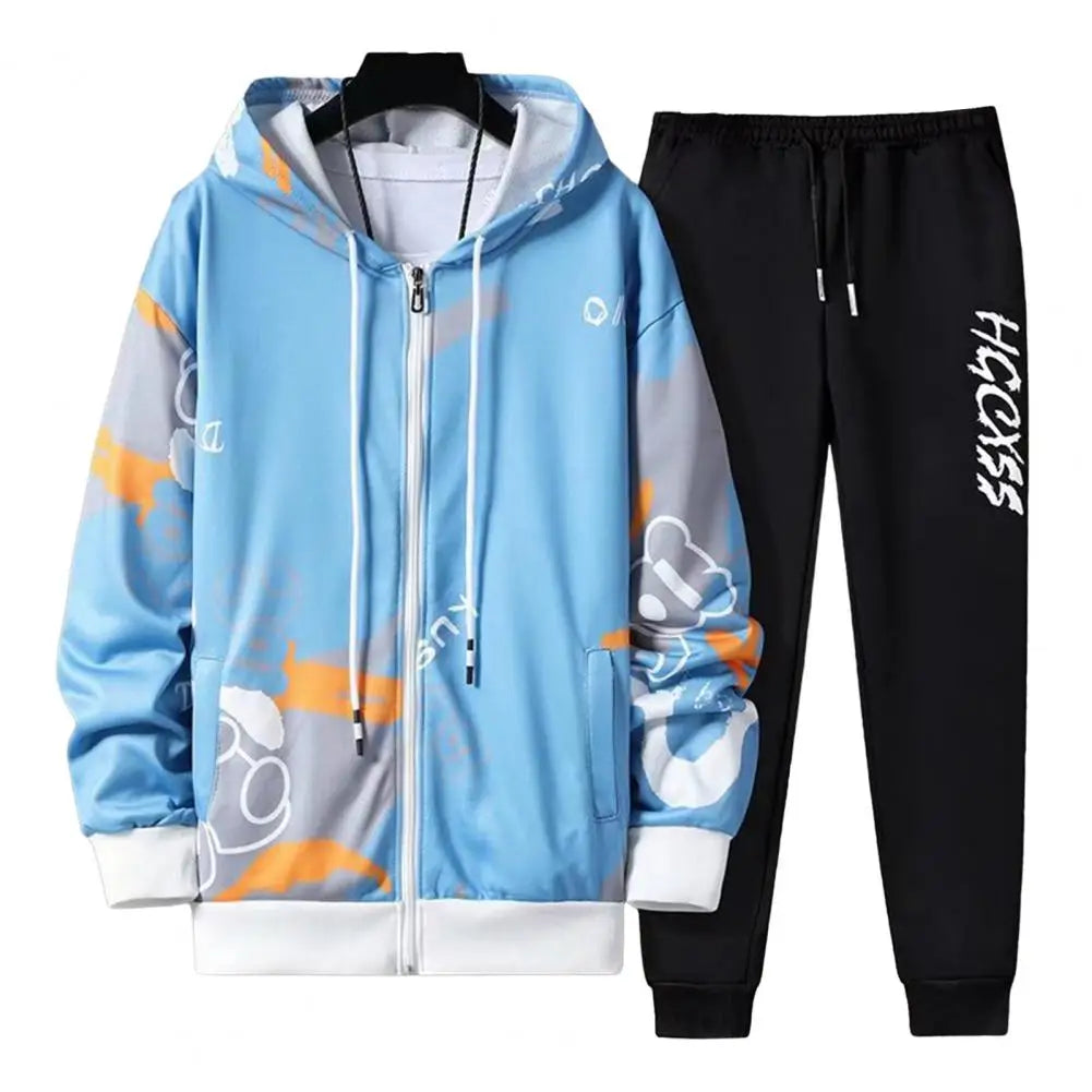 2 Pcs/Set Men Coat Pants Suit Hooded Letter Print Drawstring Loose Jogging Set Hip Hop Ankle-banded Men Sportwear Tracksuit