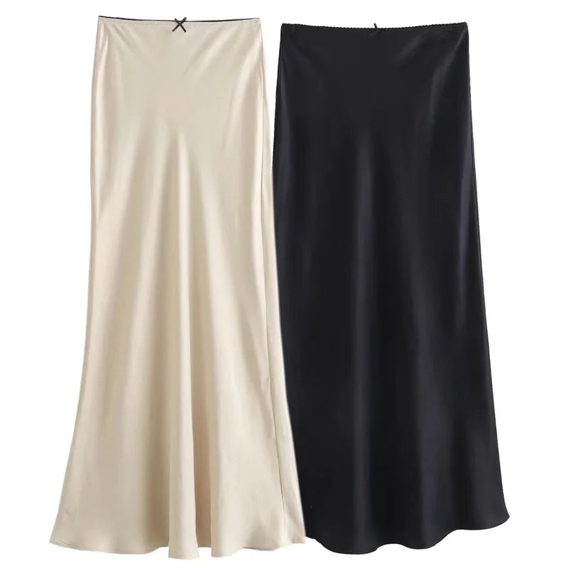 HXAO Women Satin Midi Skirt Fashion Female High Waist Long Skirts Summer 2024 New In Skirt Luxury Elegant Ladies All-Match Skirt