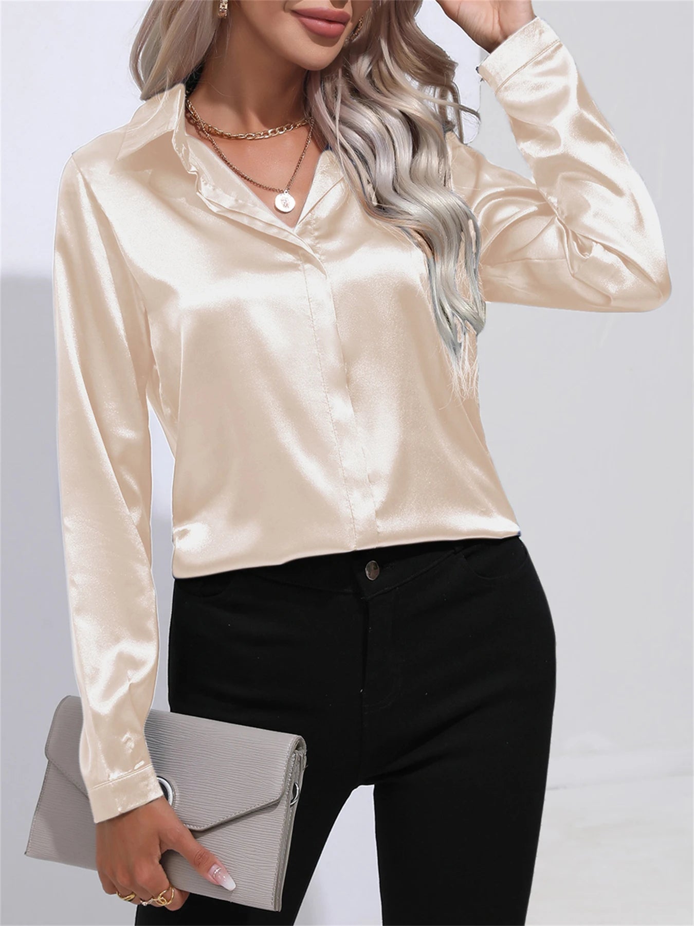 Elegant Turn-Down Collar One Button Satin Long Sleeve Shirt For Women Office Blouse