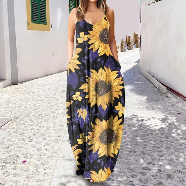 2024 Summer New Women's Minimalist Korean Spliced Sling Elegant Chic Printed Loose Sleeveless Comfortable Casual Long Dress