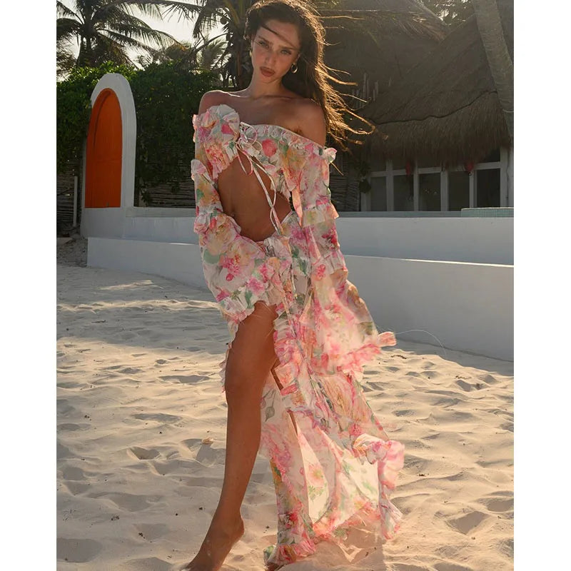 Mesh Cover Ups Sexy Bikini Set Women Long Sleeves Ruffled Swimsuit Female Swimwear Long Dress Bathing Suit Beachwear Summer