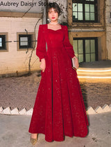 Elegant Red Sequins Midi Dress Women Vintage V-neck Formal Occasions Evening Party Dresses Fashion Chic Design New in Dresses