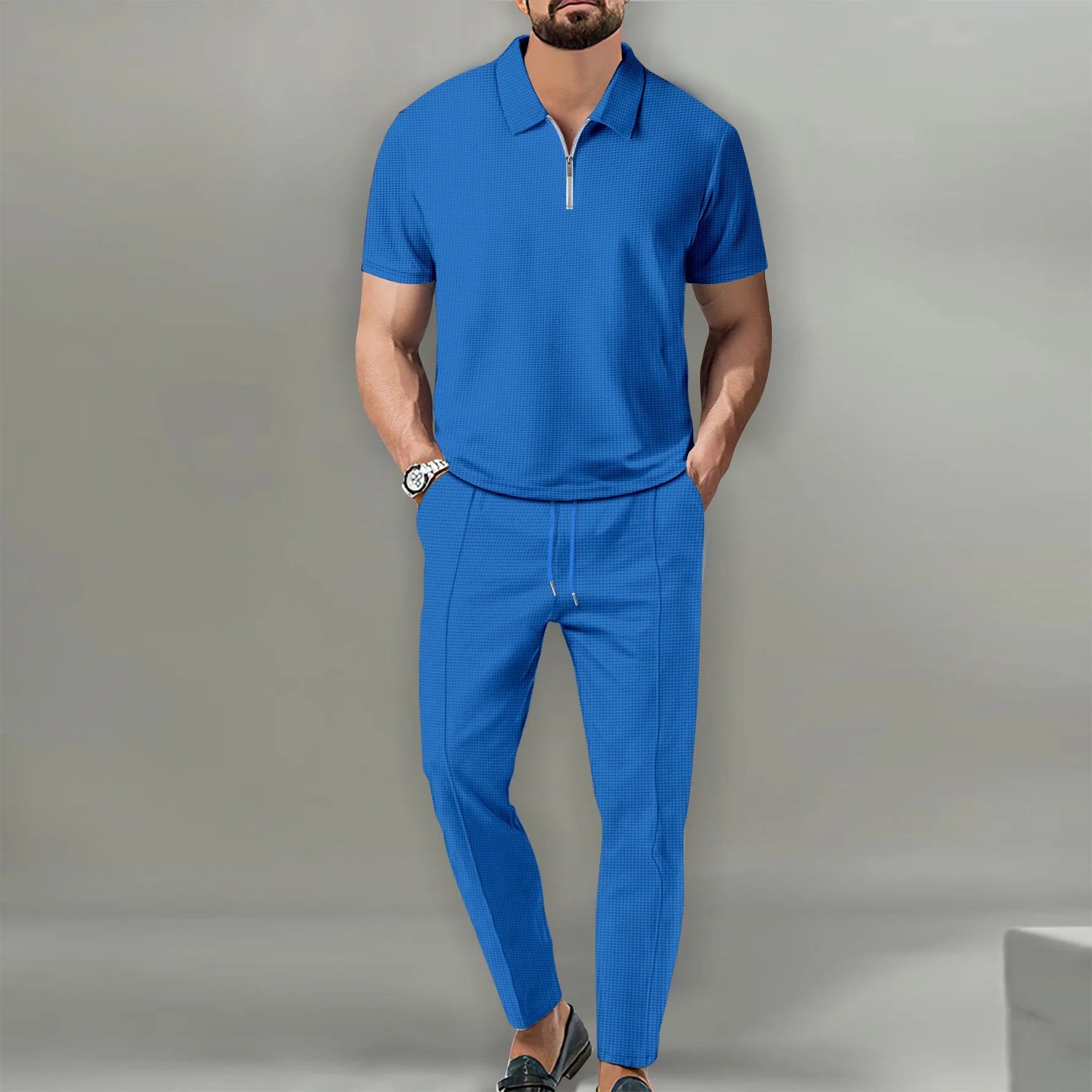 New Men's POLO Shirt 2 Sets Casual Fashion Commercial Breathable Lapel, Pants pull rope Solid Color Men 2 sets