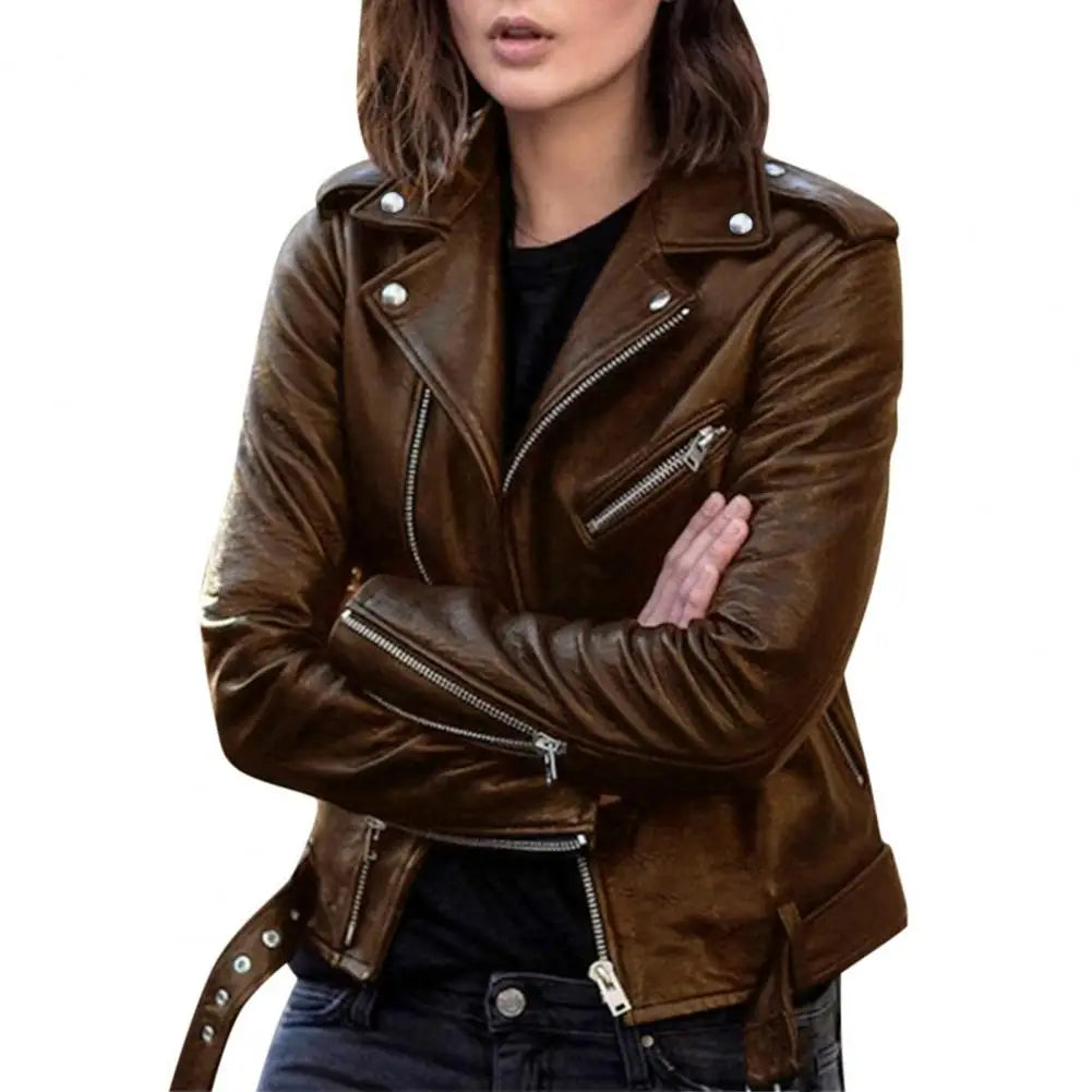 Autumn Short Jacket Solid Female Moto Biker Jackets Thin Ladies Cool Faux Leather Jacket Slim Short Leather Outwear