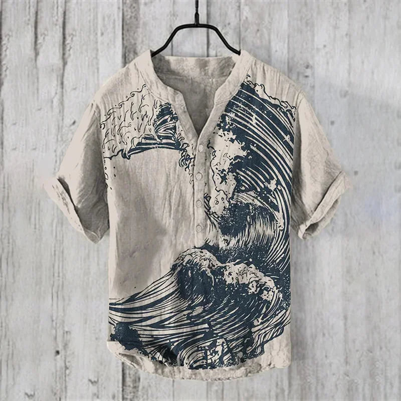 Spring and summer men's and women's T-shirts independent station casual Hawaiian style T-shirts men's tops 100% linen new hot sale