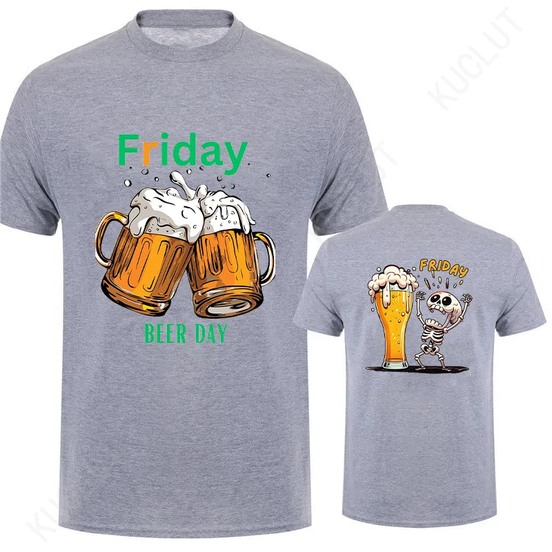 Funny Men's T Shirt Skeleton Enjoying FRIDAY Beer Day T-Shirt Finally Friday for Drink Lover Male Clothes Short Sleeve Tees