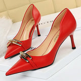 BIGTREE Shoes Elegant Women Pumps Metal Button Kitten Heels Women Shoes Stiletto Banquet Shoes Pointed High Heels Large Size 43