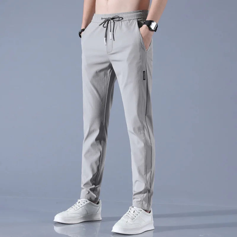 Ice Silk Men's Pants Summer New Black Gray Thin Business Casual Pants Outdoor Elastic Breathable Straight Leg Sweatpants