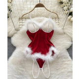 New In Women's Secret Clothes Christmas Red Top Sexy Patchwork Bodysuit Cosplay Erotic Lingerie Winter Strap Pajamas Nightwear