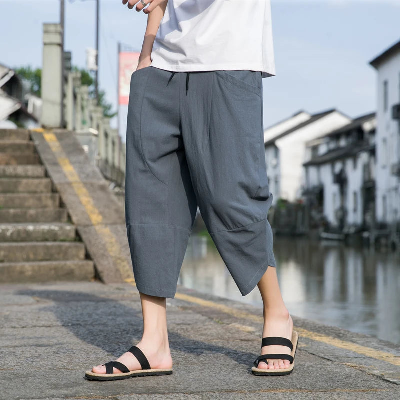 Cotton and Linen Capri Pants Men's Summer Thin Linen Pants Casual Beach Pants Men's Pants Shorts