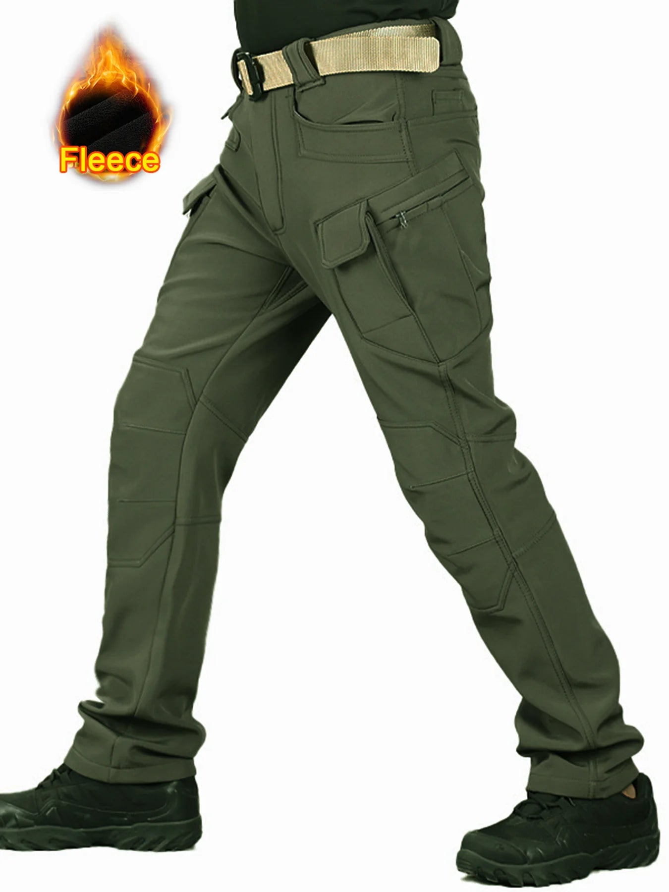 Flap Pocket Men's Fleece Straight Leg Cargo Pants, Loose Casual Tactical Pants, Mens Work Pants For Hiking Climbing