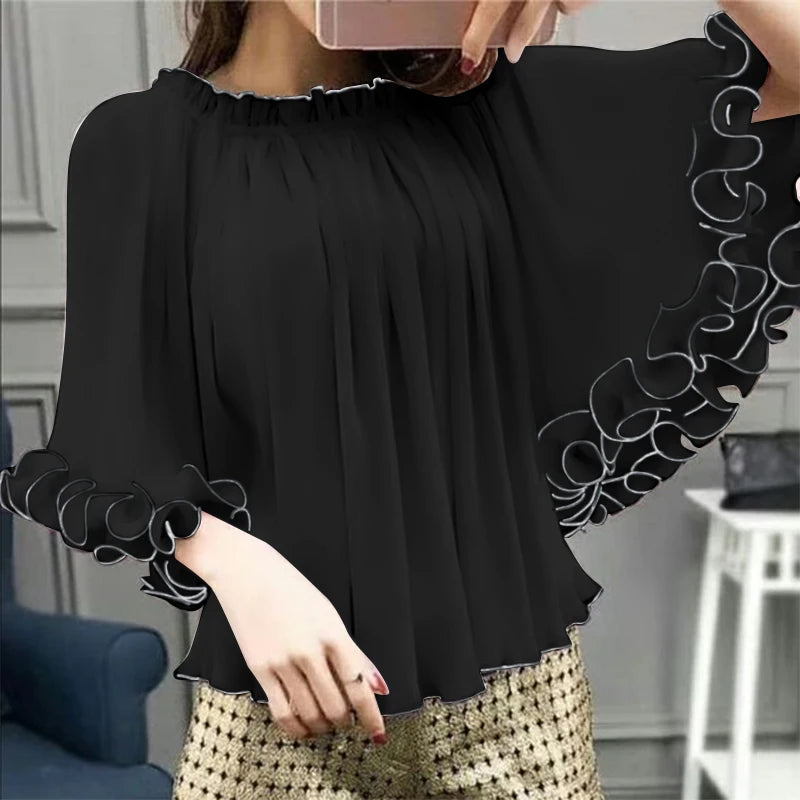 Women's Bat Sleeve Party Blouse Korean Ruffle Patchwork Tops Vintage Elastic Round Neckline Tunic Casual Summer Blusas