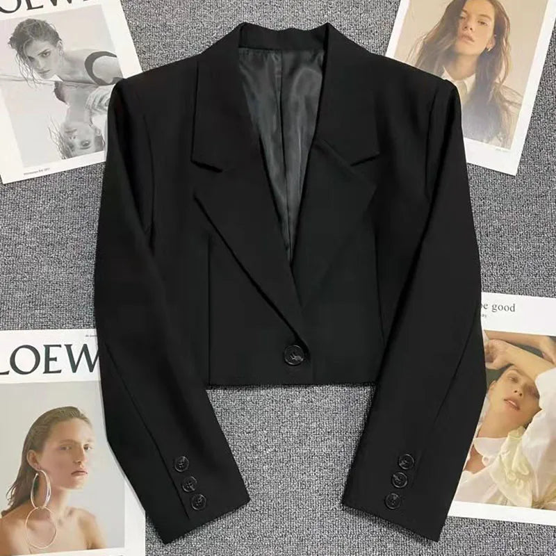 Black Cropped Blazers Woman Trend 2024 New All-match Notched Collar Crop Jacket Women Korean Chic Single Button Suit Coat