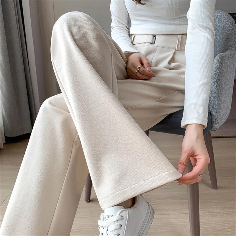 Seoulish Autumn Winter Thicken Woolen Casual Loose Full Length Pants New Button High Waist Chic Wide Leg Trousers Female