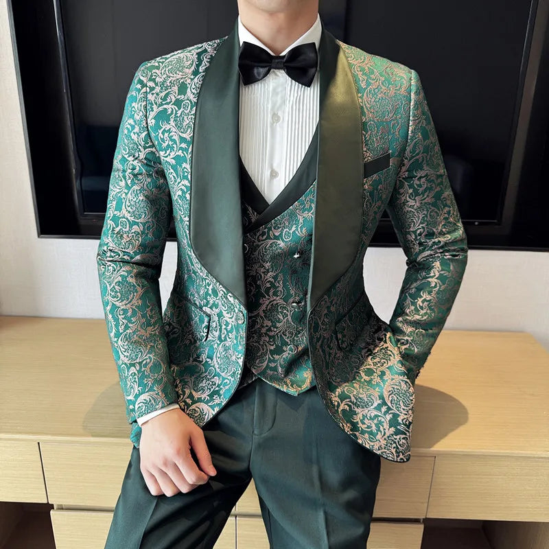 Spring New Men's (suit + Vest + Trousers) British Style Business Casual Three-piece High-density Jacquard Wedding Dress