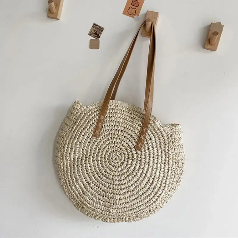 Summer Round Straw Women Vacation Woven Beach Shoulder Bag Large Capacity Hollow Out Simple Tote Bag