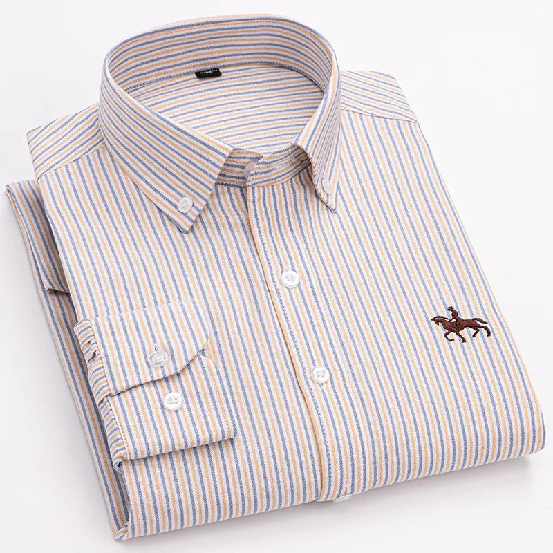 100% Cotton Oxford Shirt Men's Long Sleeve Embroidered Horse Casual Without Pocket