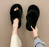 Fashion One Word Thick Fur Slippers Double Fur Slippers Casual Home Cotton Shoes for Women Flat Plush Cross Straps Slippers