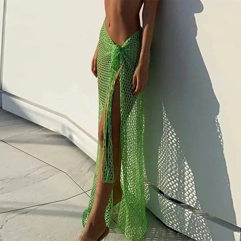 Beach Cover-Up Sexy See-Through Dress Knit Long Skirts Mesh Hollow Out Through Wrap White Midi Skirt Party Outfits