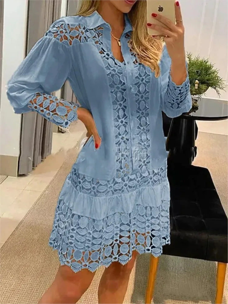 Spring Summer New Long Sleeve For Women's Dresses Solid Color Lace Splicing Fashion Cutout Shirt Elegant Female Sexy Dress